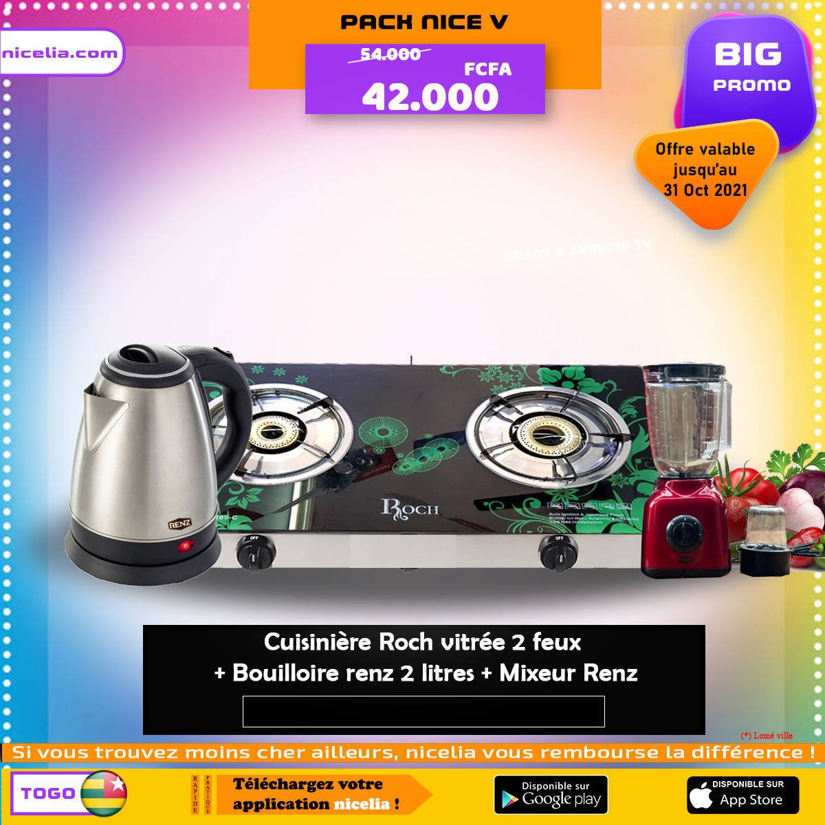 Cuisinière roch vitré 2 feux+ bouilloire renz 2 litre + mixeur renz