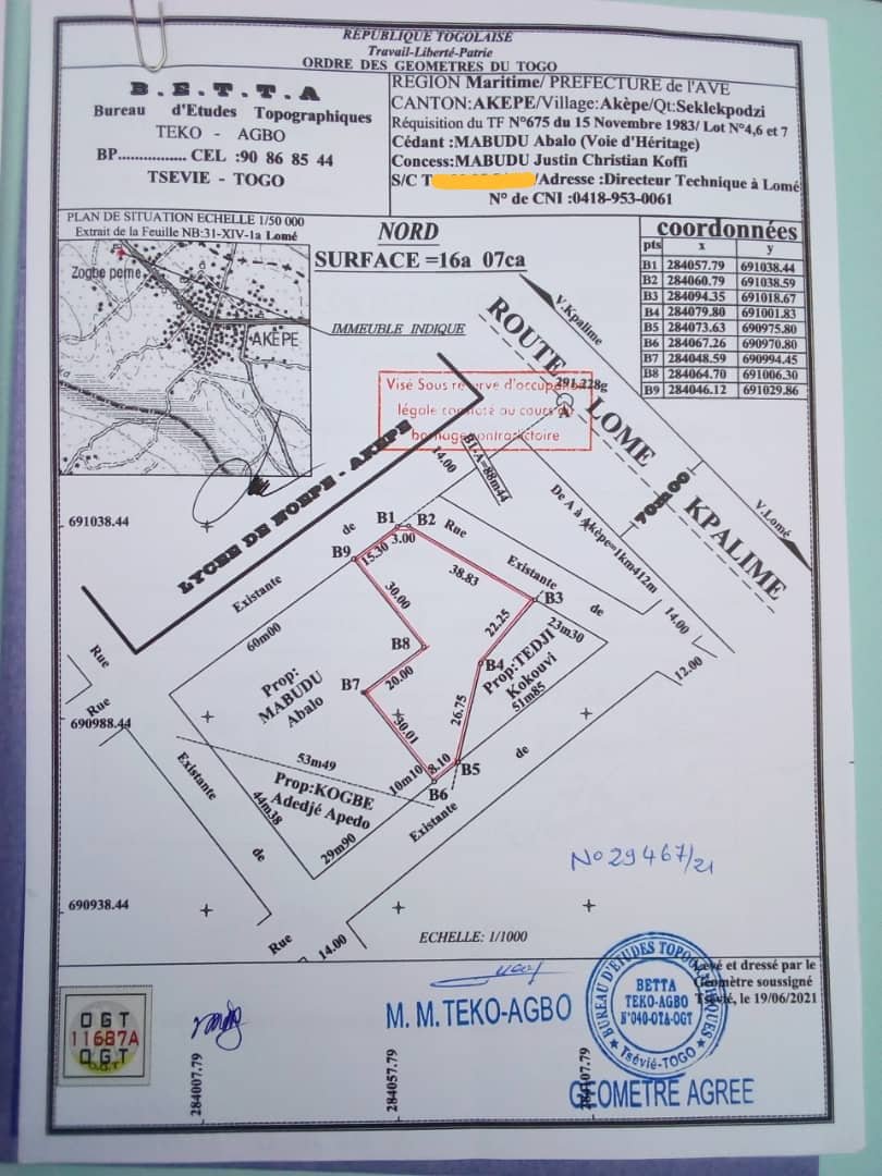 Terrain en vente à Lomé Zanguera aképé