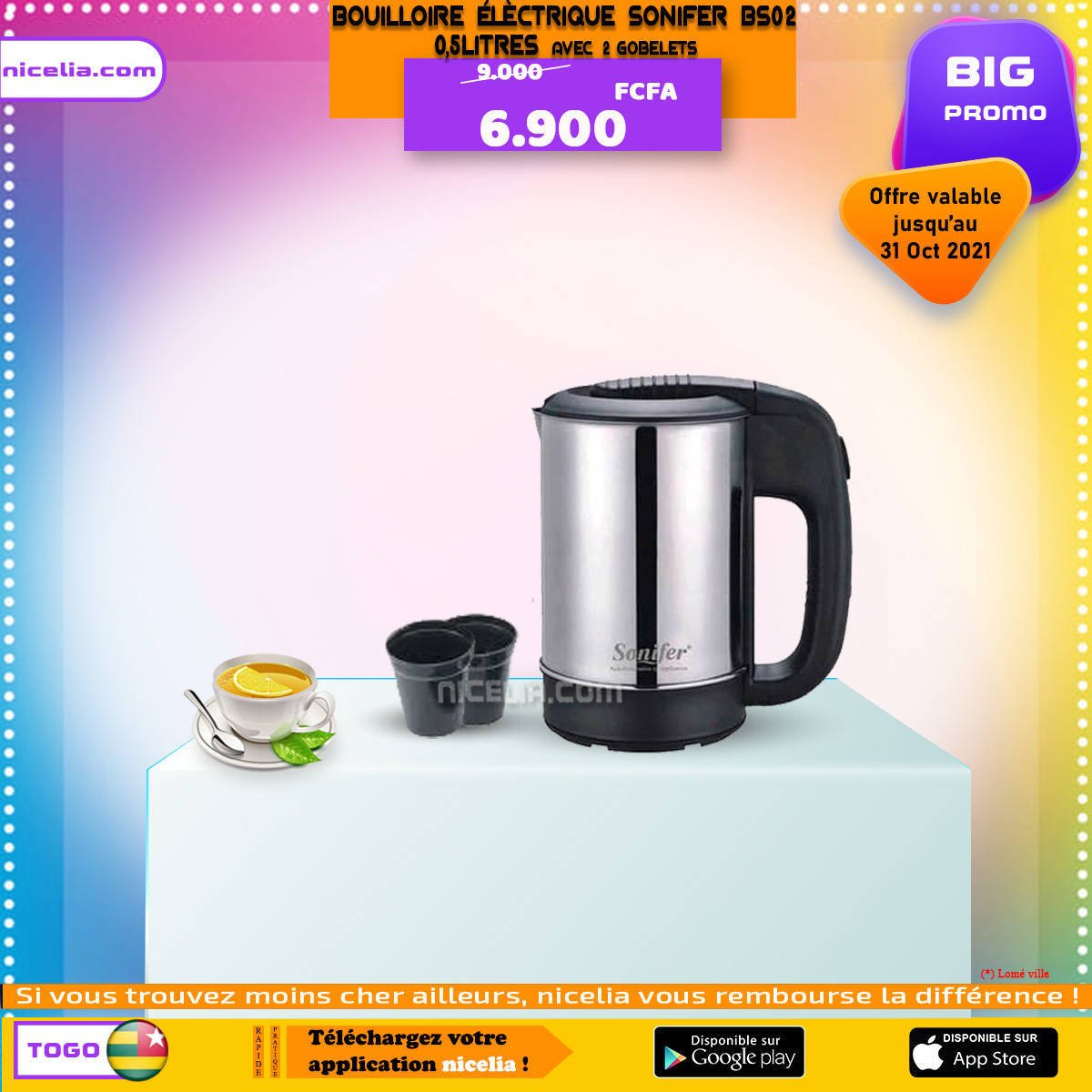Bouilloire électrique sonifer 0,5litre avec deux gobelet
