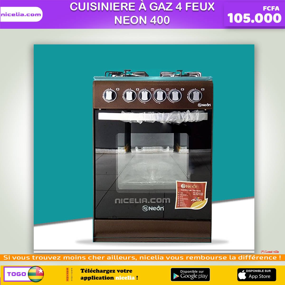 Cuisinière a gaz 4 feux neon 400